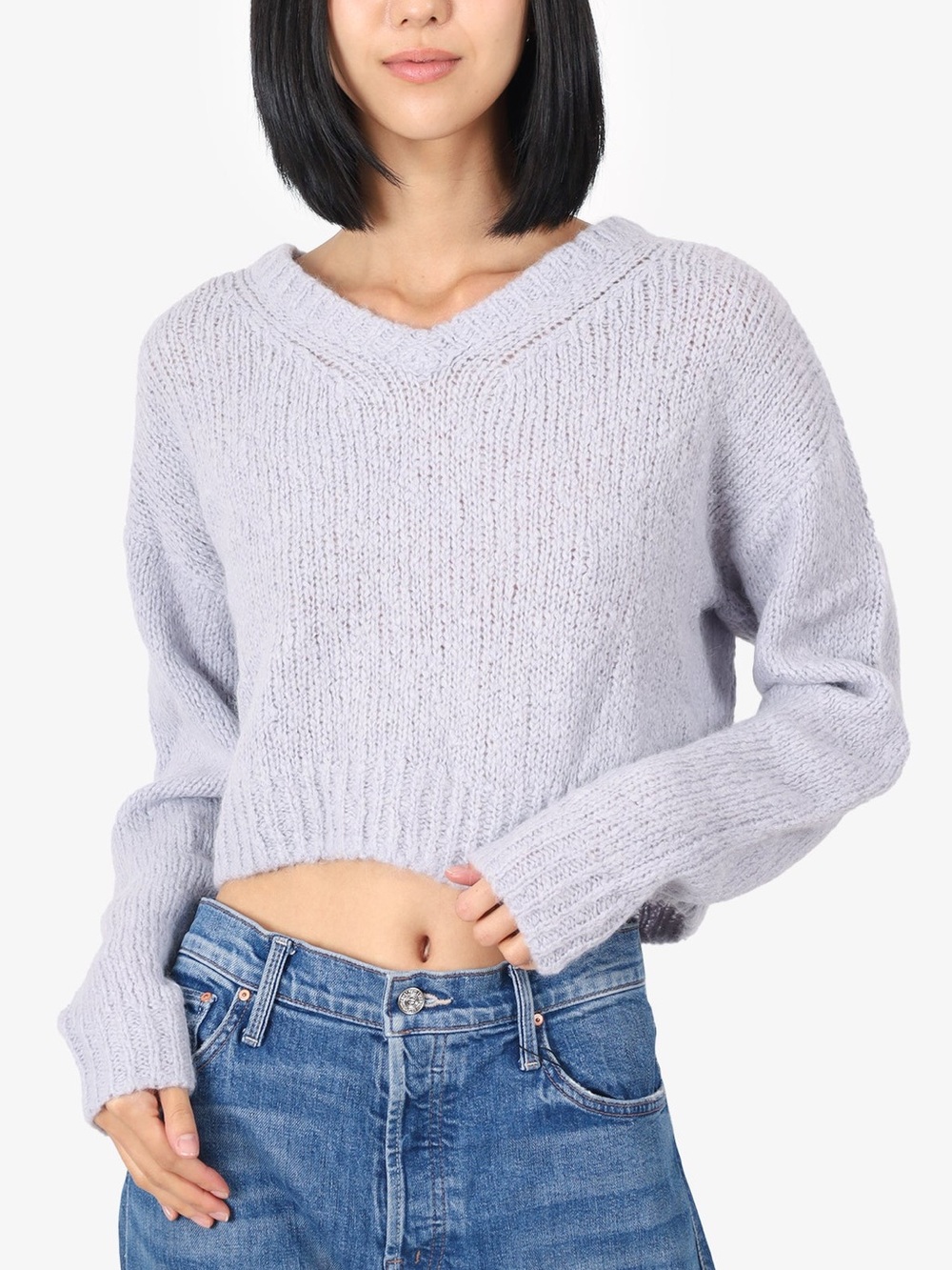 Reformation Gray Knit Alpaca Cropped V-Neck Sweater